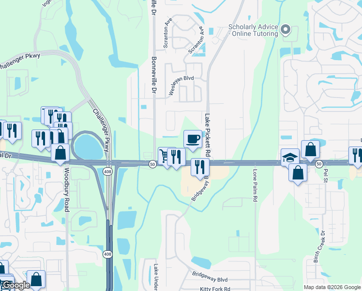 map of restaurants, bars, coffee shops, grocery stores, and more near 13645 East Colonial Drive in Orlando