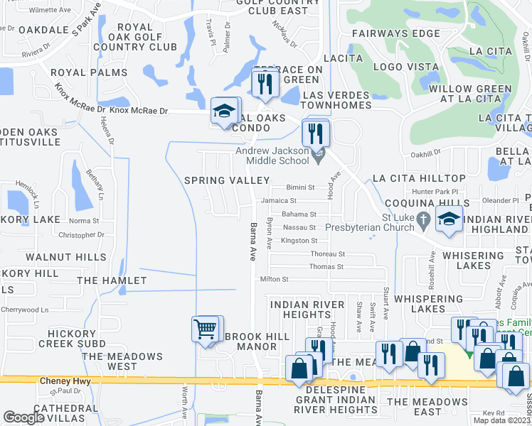 map of restaurants, bars, coffee shops, grocery stores, and more near 4060 Byron Avenue in Titusville