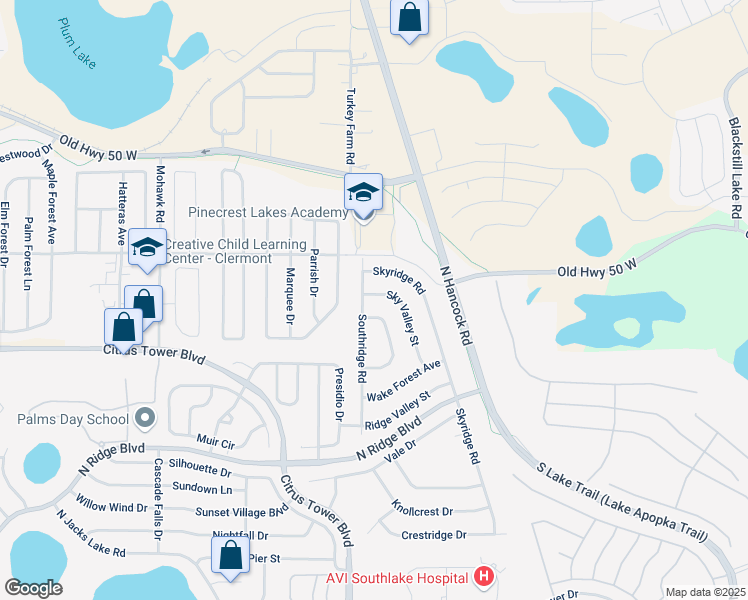 map of restaurants, bars, coffee shops, grocery stores, and more near 320 Sky Valley Street in Clermont