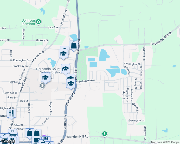 map of restaurants, bars, coffee shops, grocery stores, and more near 3043 Longford Lane in Brooksville