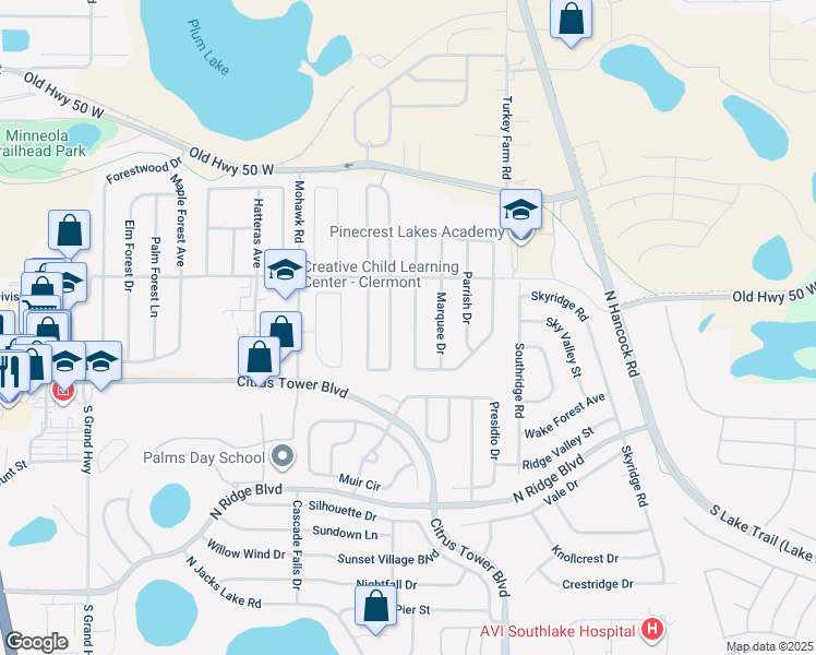 map of restaurants, bars, coffee shops, grocery stores, and more near 1049 Scenic View Circle in Clermont