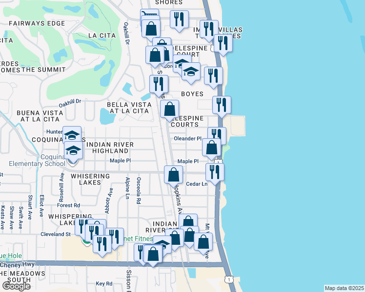 map of restaurants, bars, coffee shops, grocery stores, and more near 313 Delespine Avenue in Titusville
