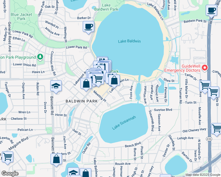 map of restaurants, bars, coffee shops, grocery stores, and more near 1483 Lake Baldwin Lane in Orlando