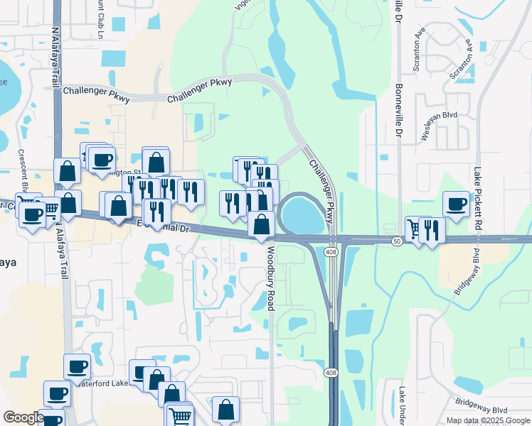 map of restaurants, bars, coffee shops, grocery stores, and more near 12321 East Colonial Drive in Orlando