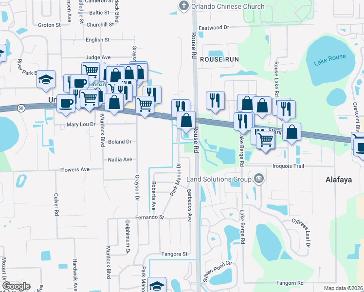 map of restaurants, bars, coffee shops, grocery stores, and more near 10909 Abigail Street in Orlando