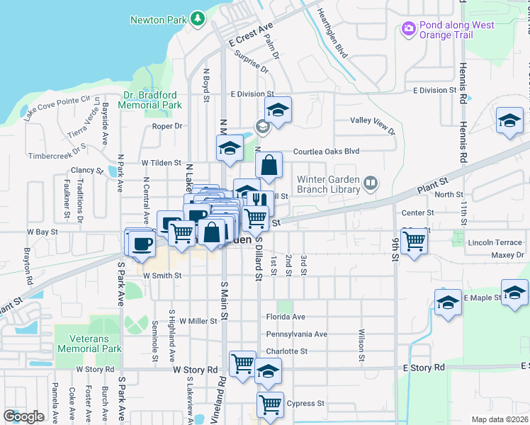 map of restaurants, bars, coffee shops, grocery stores, and more near 5 South Dillard Street in Winter Garden