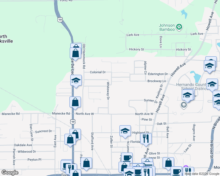 map of restaurants, bars, coffee shops, grocery stores, and more near 916 Whiteway Drive in Brooksville