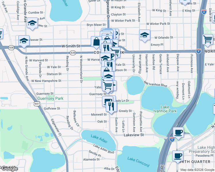 map of restaurants, bars, coffee shops, grocery stores, and more near 1700 Edgewater Drive in Orlando