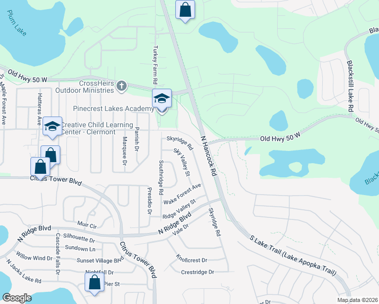 map of restaurants, bars, coffee shops, grocery stores, and more near 627 Skyridge Road in Clermont