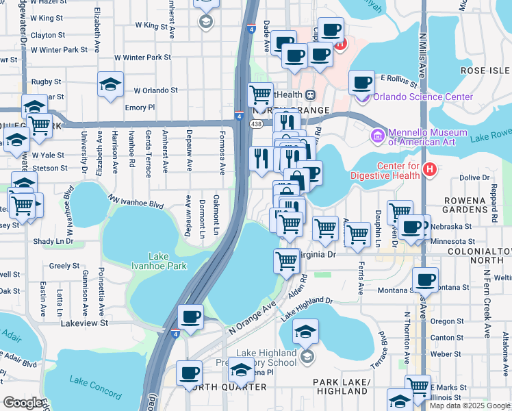 map of restaurants, bars, coffee shops, grocery stores, and more near Gurtler Court in Orlando