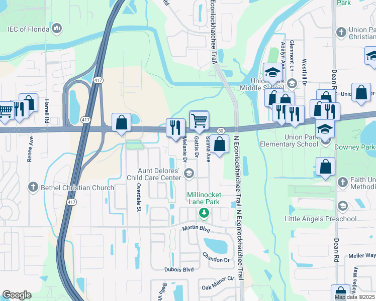 map of restaurants, bars, coffee shops, grocery stores, and more near 1607 Melanie Drive in Orlando