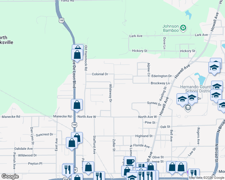 map of restaurants, bars, coffee shops, grocery stores, and more near 916 Whiteway Drive in Brooksville