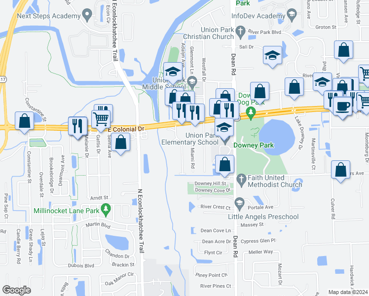 map of restaurants, bars, coffee shops, grocery stores, and more near 1710 Miami Road in Orlando