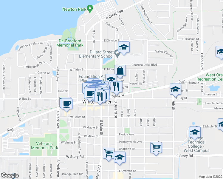map of restaurants, bars, coffee shops, grocery stores, and more near 125 East Plant Street in Winter Garden