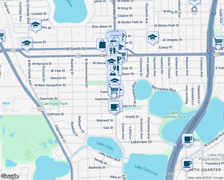 map of restaurants, bars, coffee shops, grocery stores, and more near 1700 Edgewater Drive in Orlando