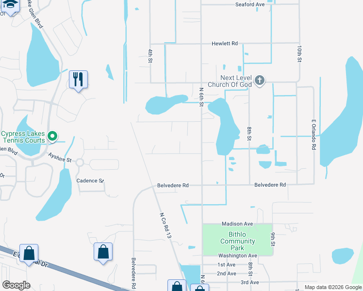 map of restaurants, bars, coffee shops, grocery stores, and more near 18259 Cedarhurst Road in Orlando