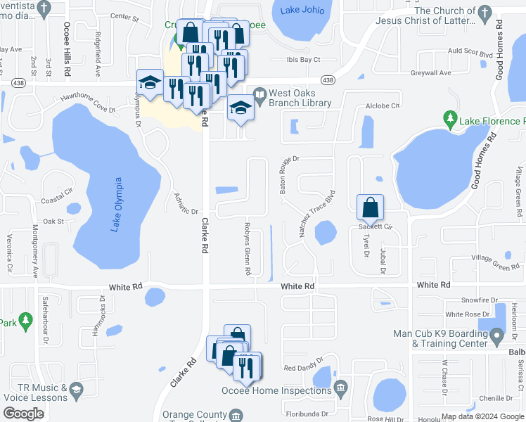 map of restaurants, bars, coffee shops, grocery stores, and more near 1734 Rachaels Ridge Loop in Ocoee