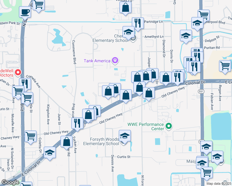map of restaurants, bars, coffee shops, grocery stores, and more near 6659 East Colonial Drive in Orlando
