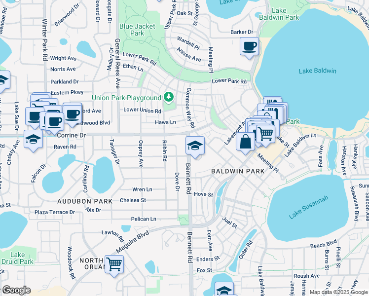 map of restaurants, bars, coffee shops, grocery stores, and more near 4030 Corrine Drive in Orlando