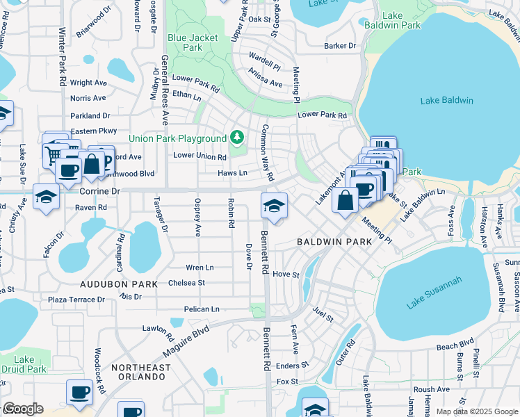 map of restaurants, bars, coffee shops, grocery stores, and more near 4030 Corrine Drive in Orlando