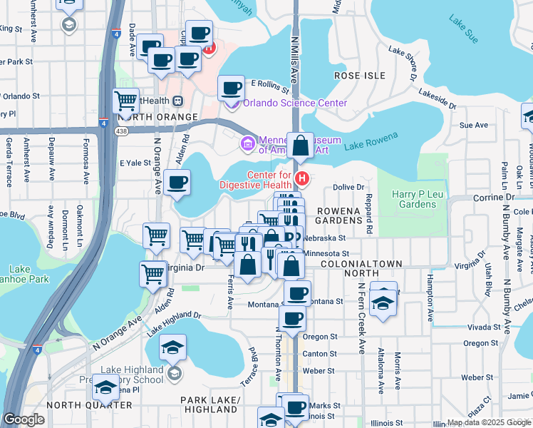 map of restaurants, bars, coffee shops, grocery stores, and more near 1720 Haven Drive in Orlando