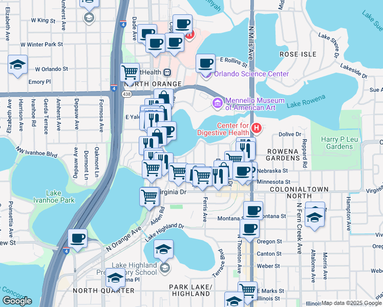 map of restaurants, bars, coffee shops, grocery stores, and more near 630 South Lake Formosa Drive in Orlando