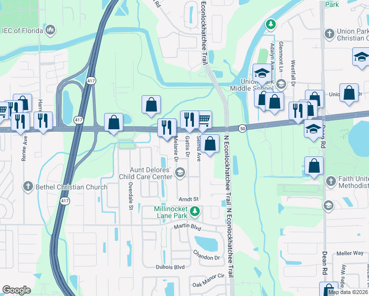 map of restaurants, bars, coffee shops, grocery stores, and more near 1616 Gattis Drive in Orlando