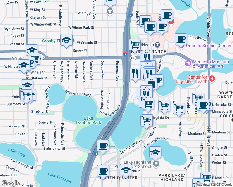 map of restaurants, bars, coffee shops, grocery stores, and more near 1749 North Shore Terrace in Orlando