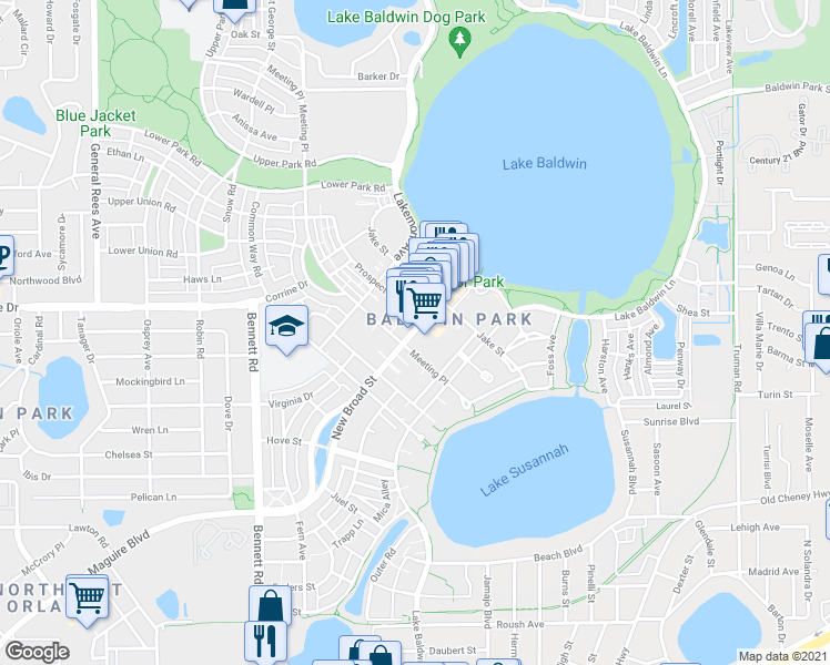 map of restaurants, bars, coffee shops, grocery stores, and more near 4841 New Broad Street in Orlando
