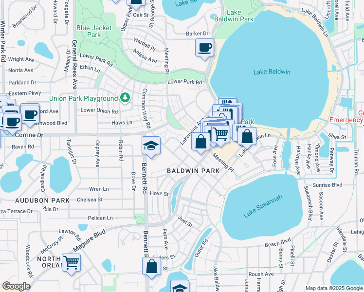 map of restaurants, bars, coffee shops, grocery stores, and more near 1655 Lakemont Avenue in Orlando
