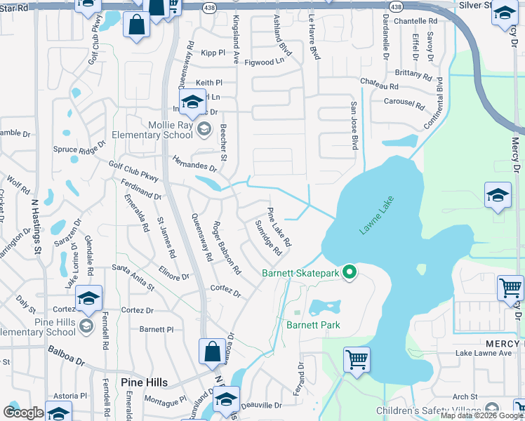 map of restaurants, bars, coffee shops, grocery stores, and more near 1613 Pine Lake Road in Orlando