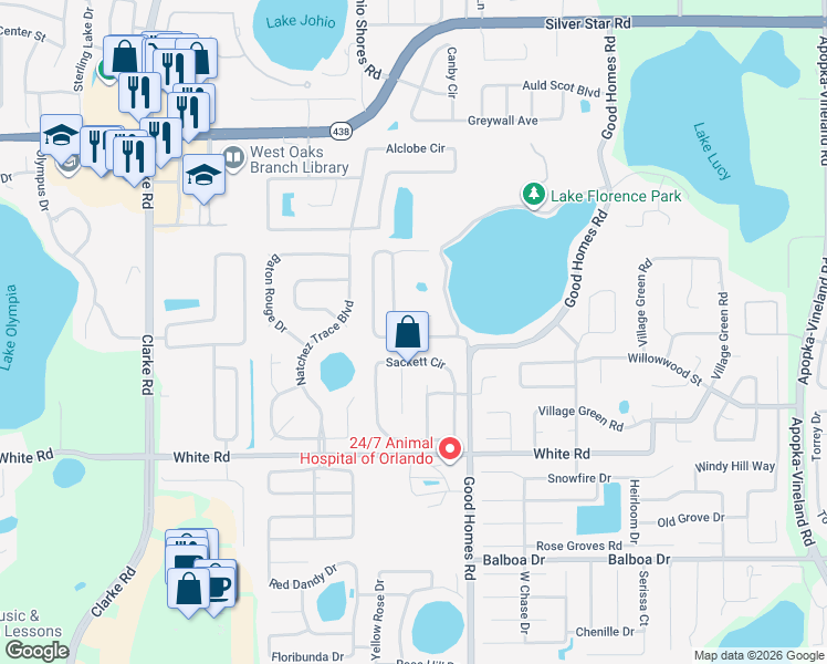 map of restaurants, bars, coffee shops, grocery stores, and more near 1749 Florence Vista Boulevard in Orlando