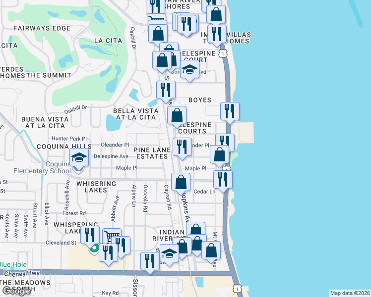 map of restaurants, bars, coffee shops, grocery stores, and more near 312 Oleander Place in Titusville