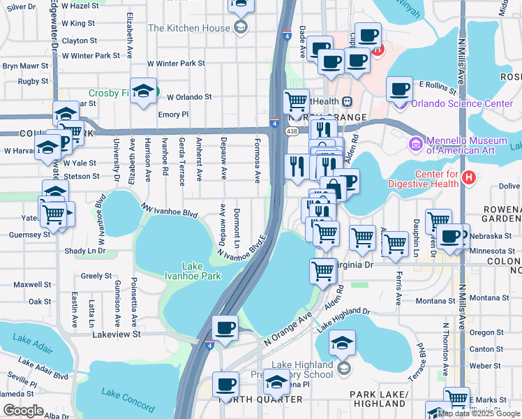 map of restaurants, bars, coffee shops, grocery stores, and more near 1732 North Shore Terrace in Orlando