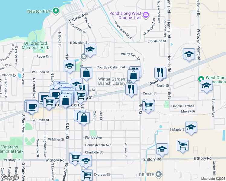 map of restaurants, bars, coffee shops, grocery stores, and more near 632 Orange Belt Loop in Winter Garden
