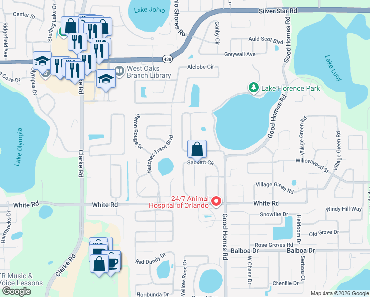 map of restaurants, bars, coffee shops, grocery stores, and more near 1809 Florence Vista Boulevard in Orlando