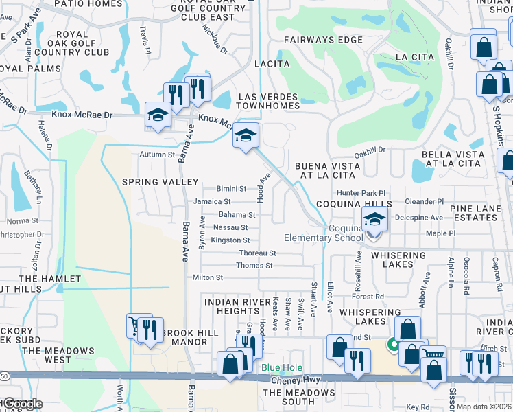 map of restaurants, bars, coffee shops, grocery stores, and more near 1500 Jamaica Street in Titusville