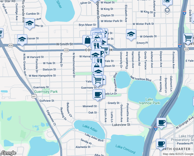 map of restaurants, bars, coffee shops, grocery stores, and more near 714 West New Hampshire Street in Orlando