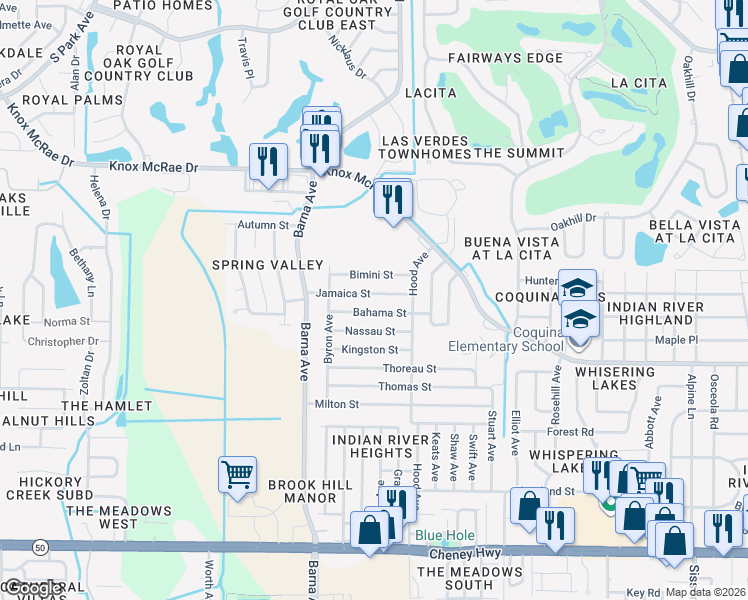 map of restaurants, bars, coffee shops, grocery stores, and more near 1630 Jamaica Street in Titusville