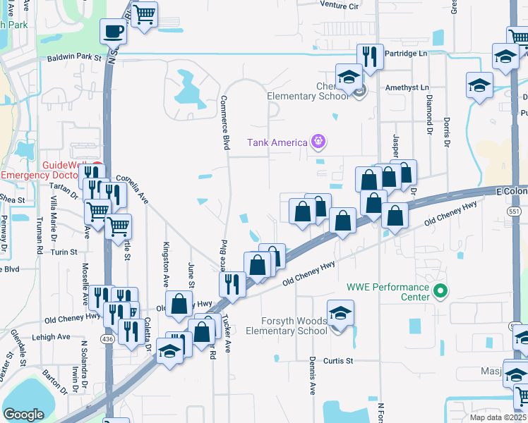map of restaurants, bars, coffee shops, grocery stores, and more near 6441 East Colonial Drive in Orlando