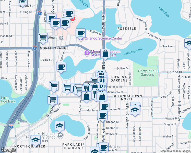 map of restaurants, bars, coffee shops, grocery stores, and more near 1720 Haven Drive in Orlando