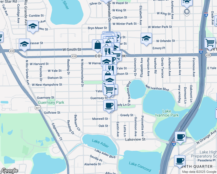 map of restaurants, bars, coffee shops, grocery stores, and more near 714 West New Hampshire Street in Orlando