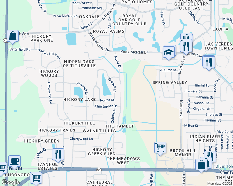map of restaurants, bars, coffee shops, grocery stores, and more near 4474 Bethany Lane in Titusville