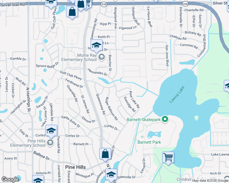 map of restaurants, bars, coffee shops, grocery stores, and more near 1629 Roger Babson Road in Orlando