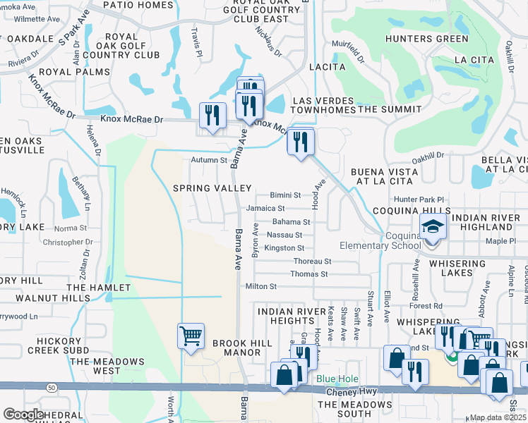 map of restaurants, bars, coffee shops, grocery stores, and more near 1765 Jamaica Street in Titusville