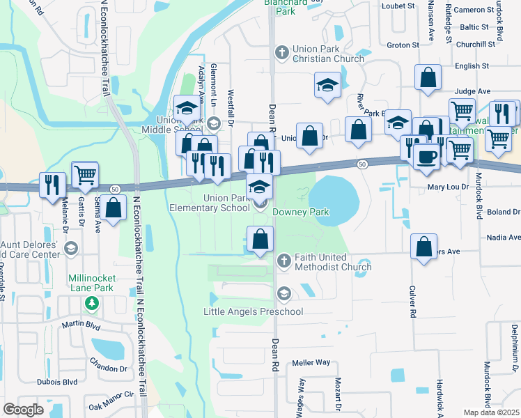 map of restaurants, bars, coffee shops, grocery stores, and more near 1600 North Dean Road in Orlando