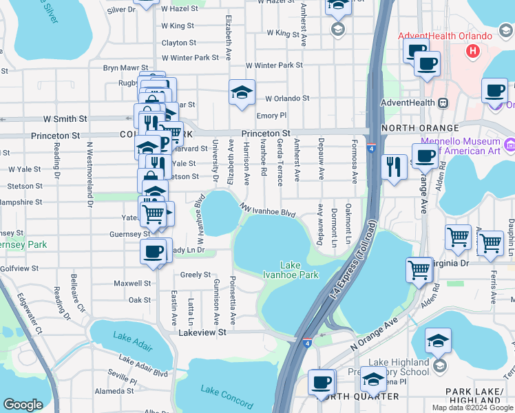 map of restaurants, bars, coffee shops, grocery stores, and more near 1819 Ivanhoe Road in Orlando