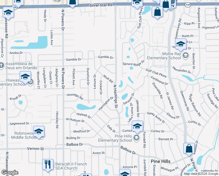 map of restaurants, bars, coffee shops, grocery stores, and more near 1920 North Hastings Street in Orlando