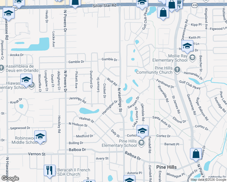 map of restaurants, bars, coffee shops, grocery stores, and more near 1920 North Hastings Street in Orlando