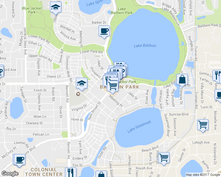 map of restaurants, bars, coffee shops, grocery stores, and more near 4841 New Broad Street in Orlando
